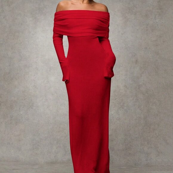 Red Elegant Women's Off-Shoulder Long Dress - Picture 1 of 6